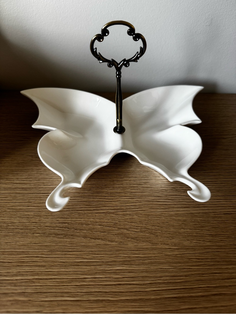 White Ceramic Butterfly Serving Tray with Bronze Colored Handle